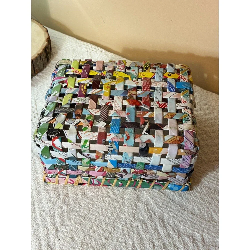 Handwoven Recycled Magazine Paper Basket Colorful Woven Storage Bin Eco Friendly